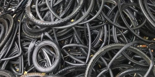 bike tyres and bikes ready to go to the recycling plant