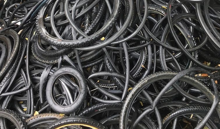 bike tyres and bikes ready to go to the recycling plant