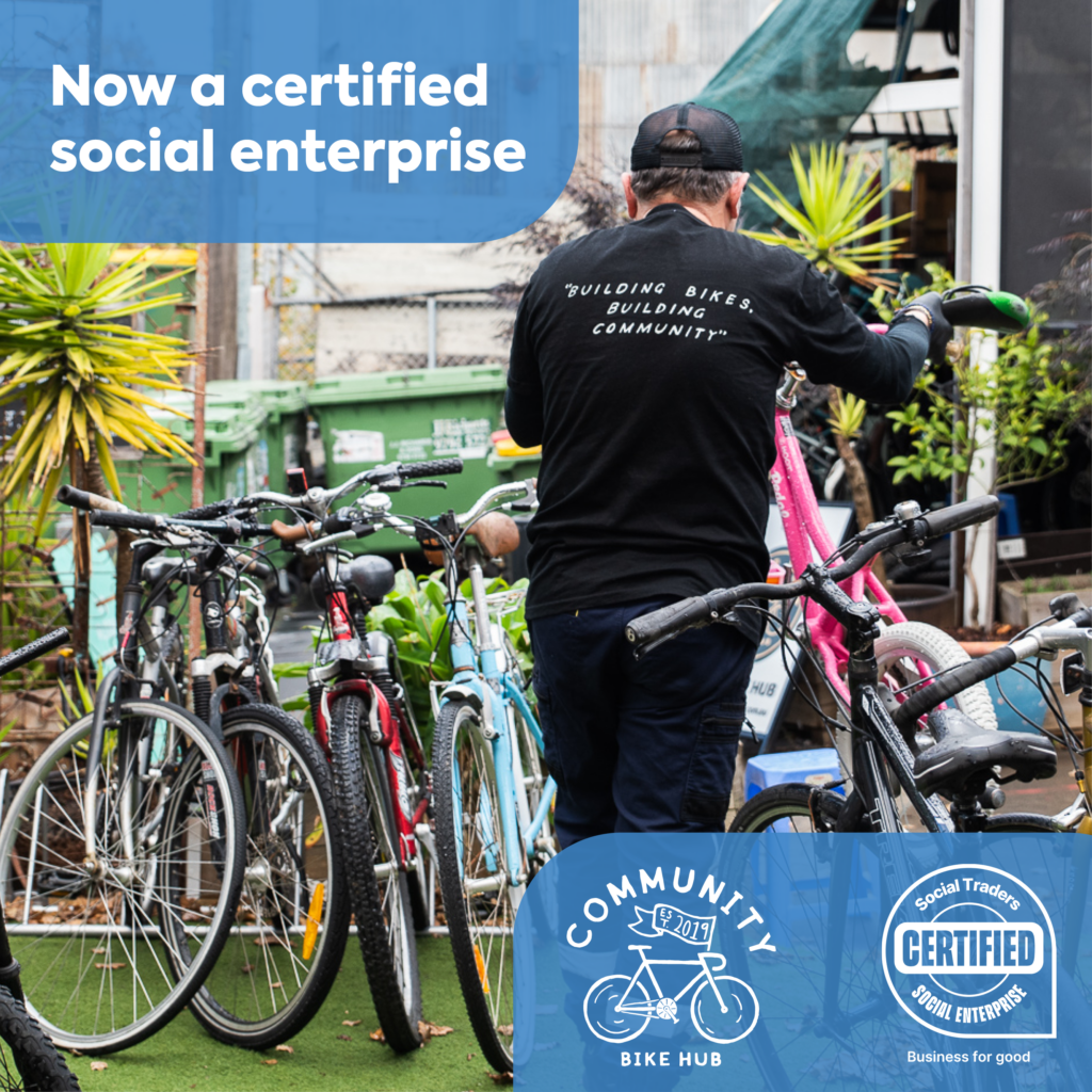 Graphic tile of person with bike, accompanied by text saying 'Now a certified social enterprise' with Community Bike Hub and 'Social Trader certified' logos in bottom right corner
