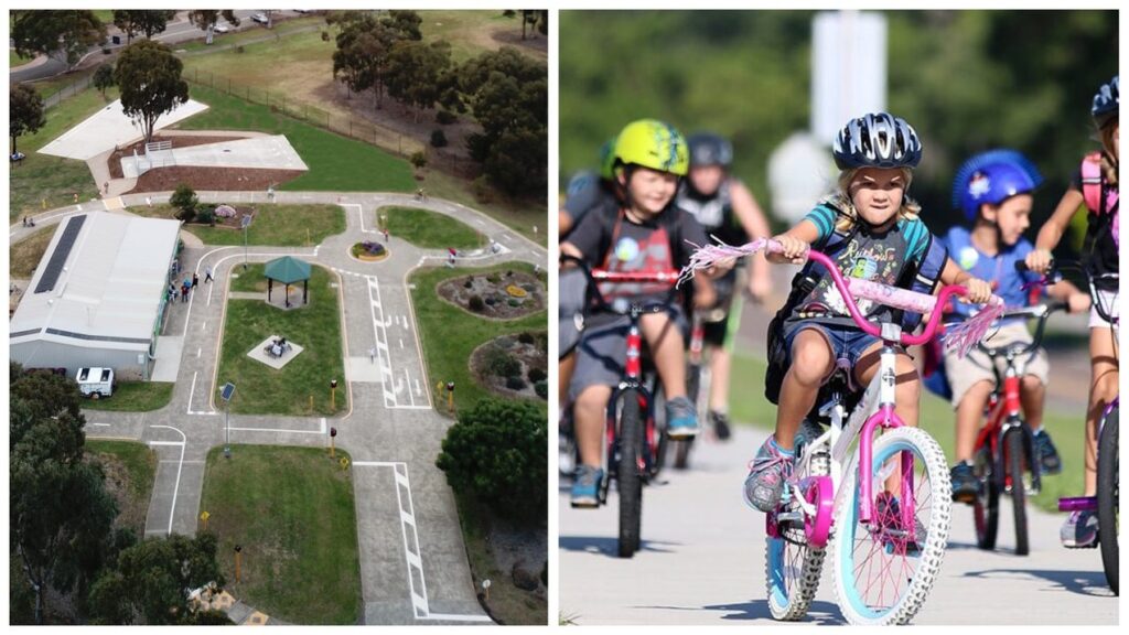 Collage of aerial photo of bike track and kids riding on bikes